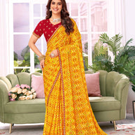 Laxmipati Megha Bandhani Printed Chiffon Saree in yellow Color with Unstitched Blouse