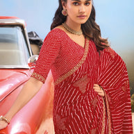 Laxmipati Baarish Striped Printed Georgette Saree in Red Color with Unstitched Blouse