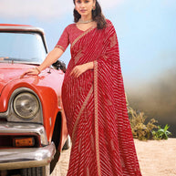 Laxmipati Baarish Striped Printed Georgette Saree in Red Color with Unstitched Blouse
