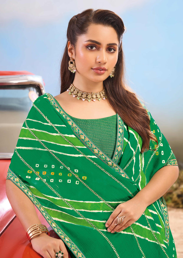 Laxmipati Baarish Bandhani Printed Crepe Silk Saree in Green Color with Unstitched Blouse