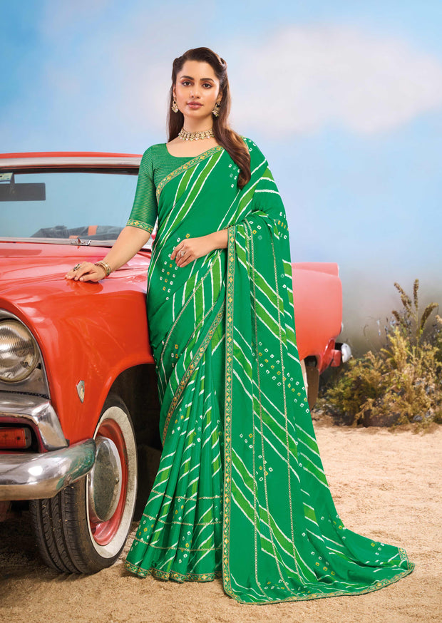 Laxmipati Baarish Bandhani Printed Crepe Silk Saree in Green Color with Unstitched Blouse
