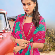 Laxmipati Baarish Abstract Printed Chiffon Saree in Dark Pink Color with Unstitched Blouse