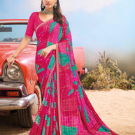 Laxmipati Baarish Abstract Printed Chiffon Saree in Dark Pink Color with Unstitched Blouse