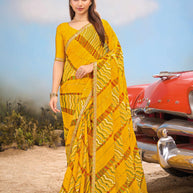 Laxmipati Baarish Abstract Printed Chiffon Saree in Mustard Color with Unstitched Blouse