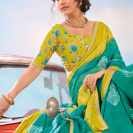 Laxmipati Baarish Ethnic Motif Printed Chiffon Saree in Teal Green Color with Unstitched Blouse