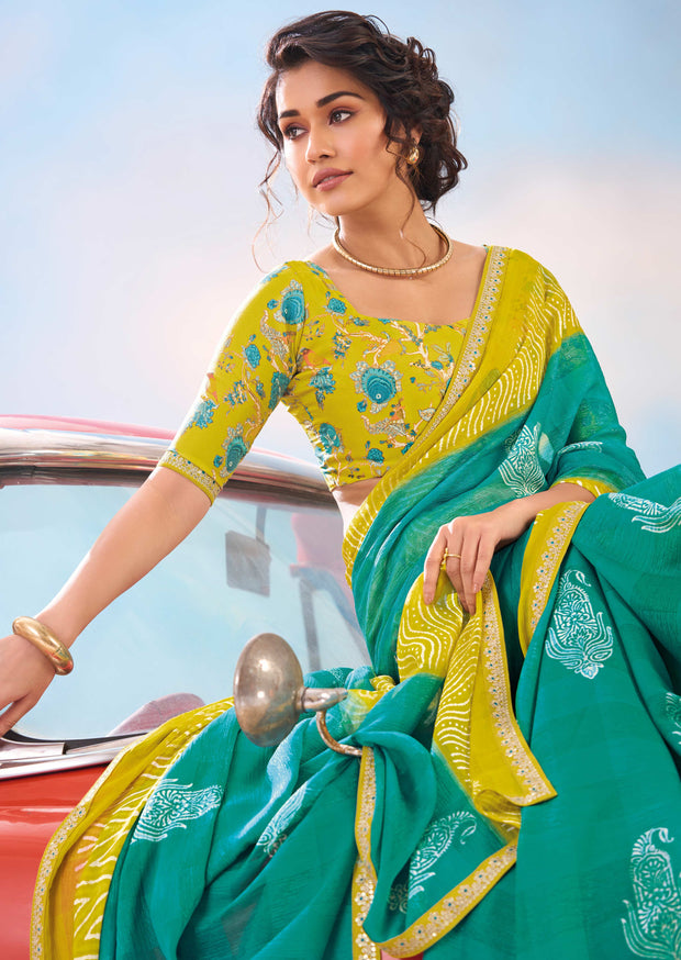 Laxmipati Baarish Ethnic Motif Printed Chiffon Saree in Teal Green Color with Unstitched Blouse