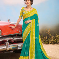 Laxmipati Baarish Ethnic Motif Printed Chiffon Saree in Teal Green Color with Unstitched Blouse