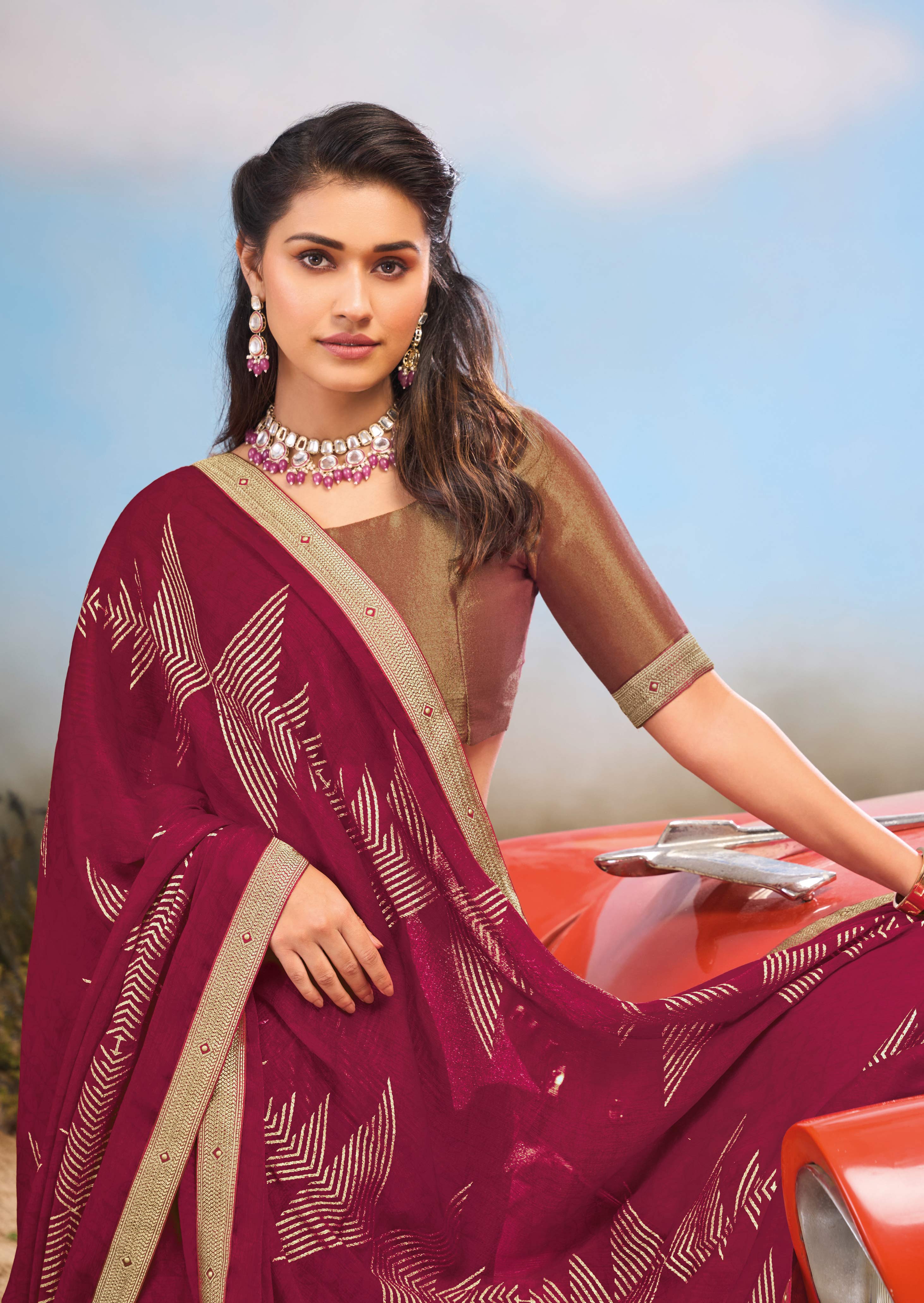Laxmipati Baarish Geometric Printed Chiffon Saree in Wine Color with Unstitched Blouse