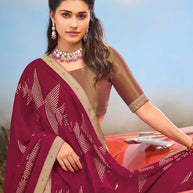 Laxmipati Baarish Geometric Printed Chiffon Saree in Wine Color with Unstitched Blouse