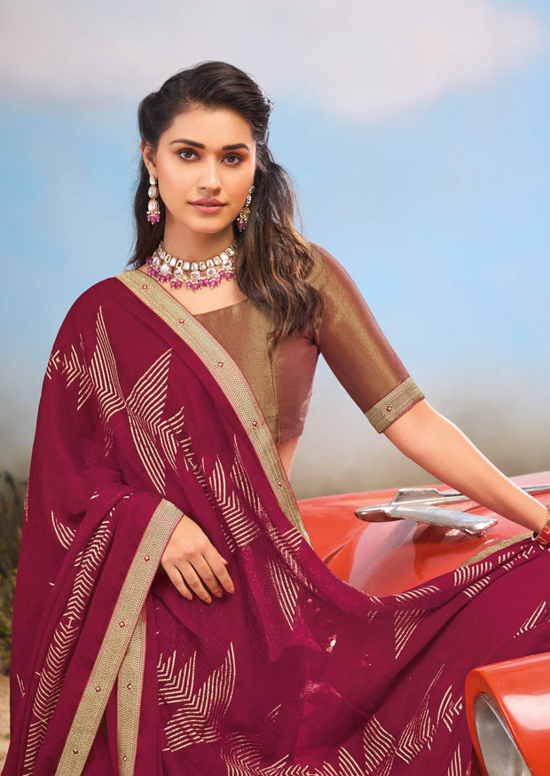 Laxmipati Baarish Geometric Printed Chiffon Saree in Wine Color with Unstitched Blouse
