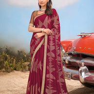 Laxmipati Baarish Geometric Printed Chiffon Saree in Wine Color with Unstitched Blouse