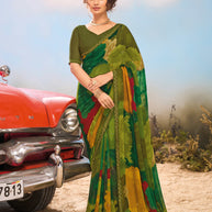 Laxmipati Baarish Abstract Printed Georgette Saree in Multicolor Color with Unstitched Blouse
