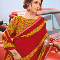 Laxmipati Baarish Floral Printed Chiffon Saree in Red Color with Unstitched Blouse