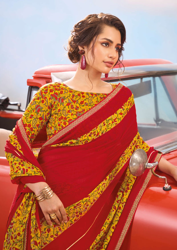 Laxmipati Baarish Floral Printed Chiffon Saree in Red Color with Unstitched Blouse