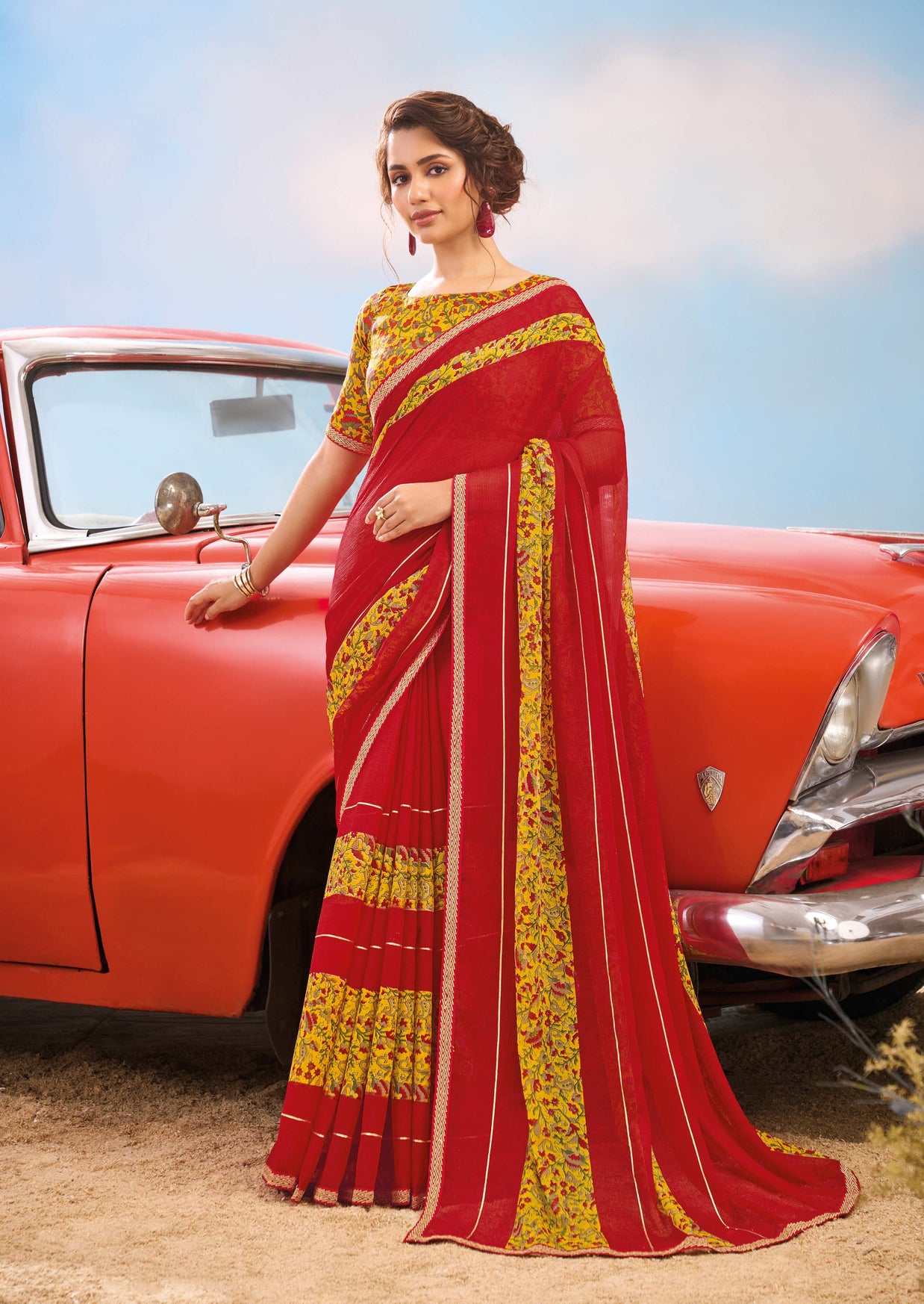Laxmipati Baarish Floral Printed Chiffon Saree in Red Color with Unstitched Blouse