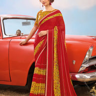 Laxmipati Baarish Floral Printed Chiffon Saree in Red Color with Unstitched Blouse