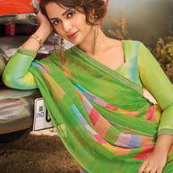 Laxmipati Baarish Geometric Printed Chiffon Saree in Green Color with Unstitched Blouse