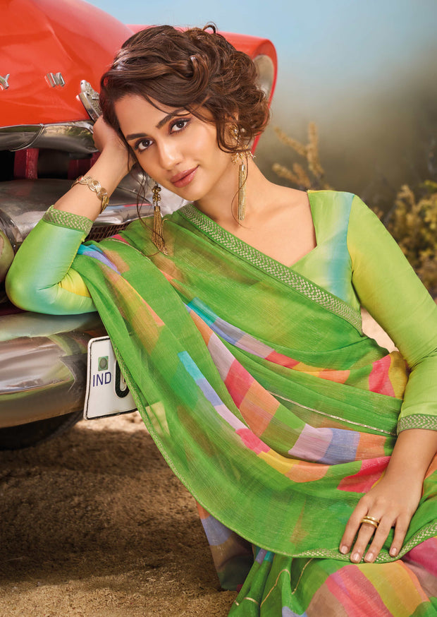 Laxmipati Baarish Geometric Printed Chiffon Saree in Green Color with Unstitched Blouse