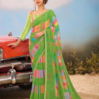 Laxmipati Baarish Geometric Printed Chiffon Saree in Green Color with Unstitched Blouse