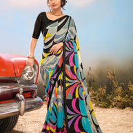 Laxmipati Baarish Abstract Printed Georgette Saree in Black Color with Unstitched Blouse