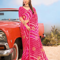 Laxmipati Baarish Chevron Printed Chiffon Saree in Pink Color with Unstitched Blouse