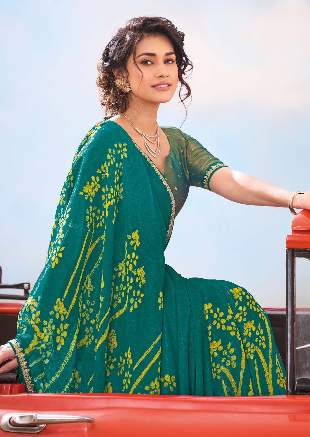 Laxmipati Baarish Floral Printed Chiffon Saree in Teal Green Color with Unstitched Blouse