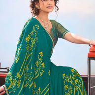 Laxmipati Baarish Floral Printed Chiffon Saree in Teal Green Color with Unstitched Blouse