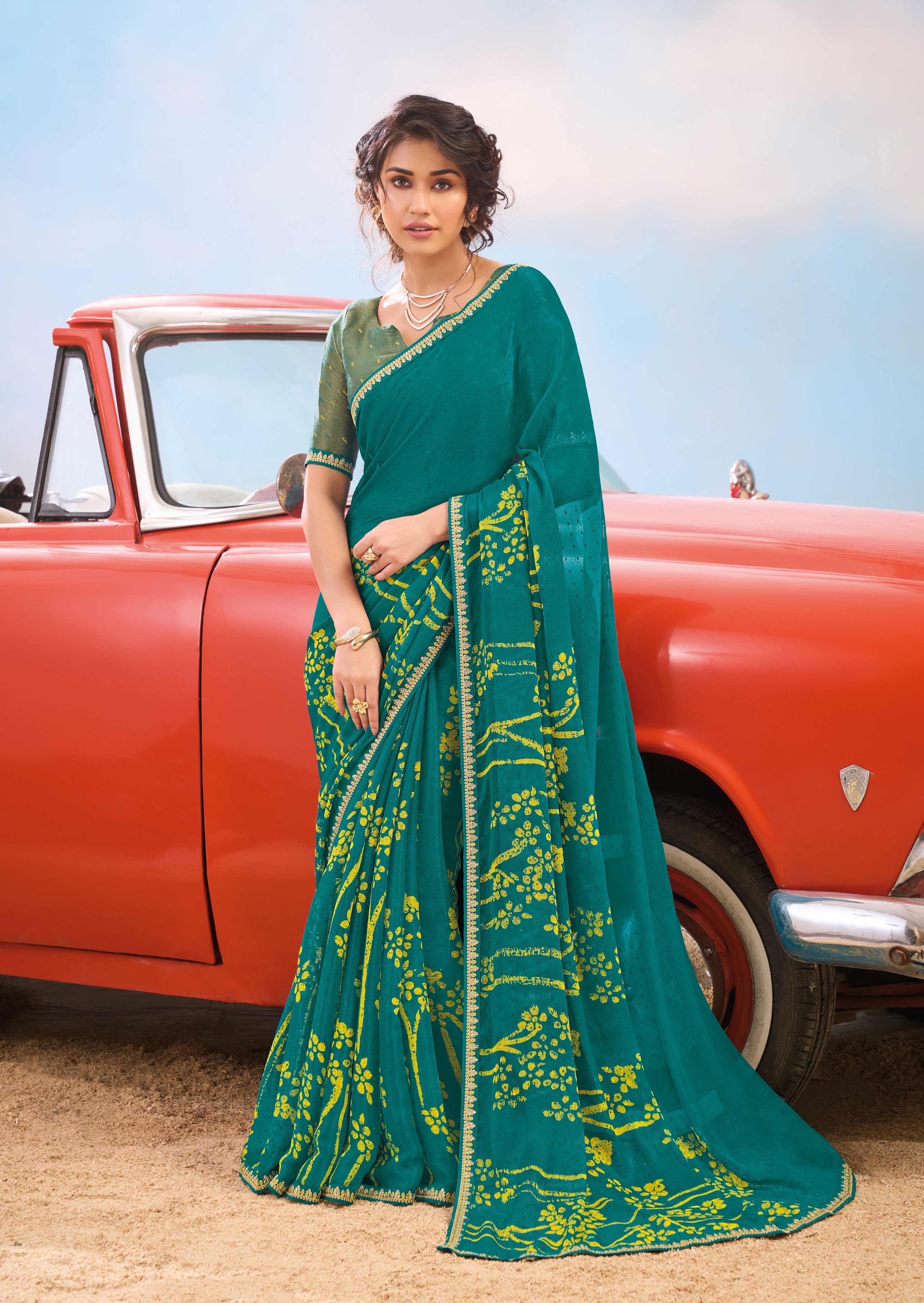 Laxmipati Baarish Floral Printed Chiffon Saree in Teal Green Color with Unstitched Blouse