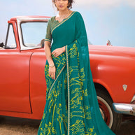 Laxmipati Baarish Floral Printed Chiffon Saree in Teal Green Color with Unstitched Blouse