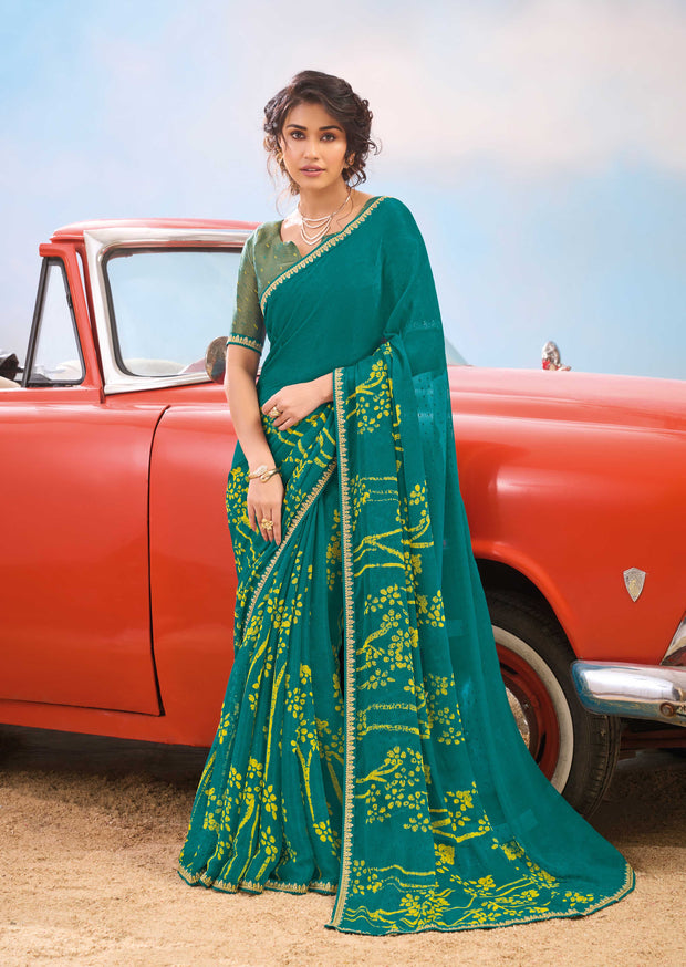 Laxmipati Baarish Floral Printed Chiffon Saree in Teal Green Color with Unstitched Blouse