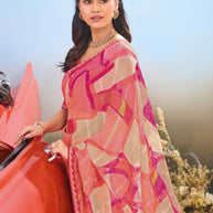 Laxmipati Baarish Abstract Printed Chiffon Saree in Pink Color with Unstitched Blouse