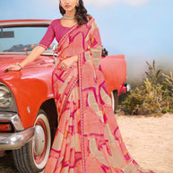 Laxmipati Baarish Abstract Printed Chiffon Saree in Pink Color with Unstitched Blouse