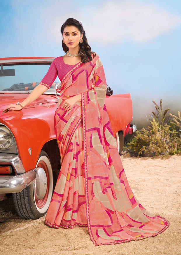 Laxmipati Baarish Abstract Printed Chiffon Saree in Pink Color with Unstitched Blouse