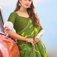 Laxmipati Baarish Striped Printed Chiffon Saree in Olive Green with Unstitched Blouse