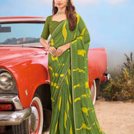 Laxmipati Baarish Striped Printed Chiffon Saree in Olive Green with Unstitched Blouse