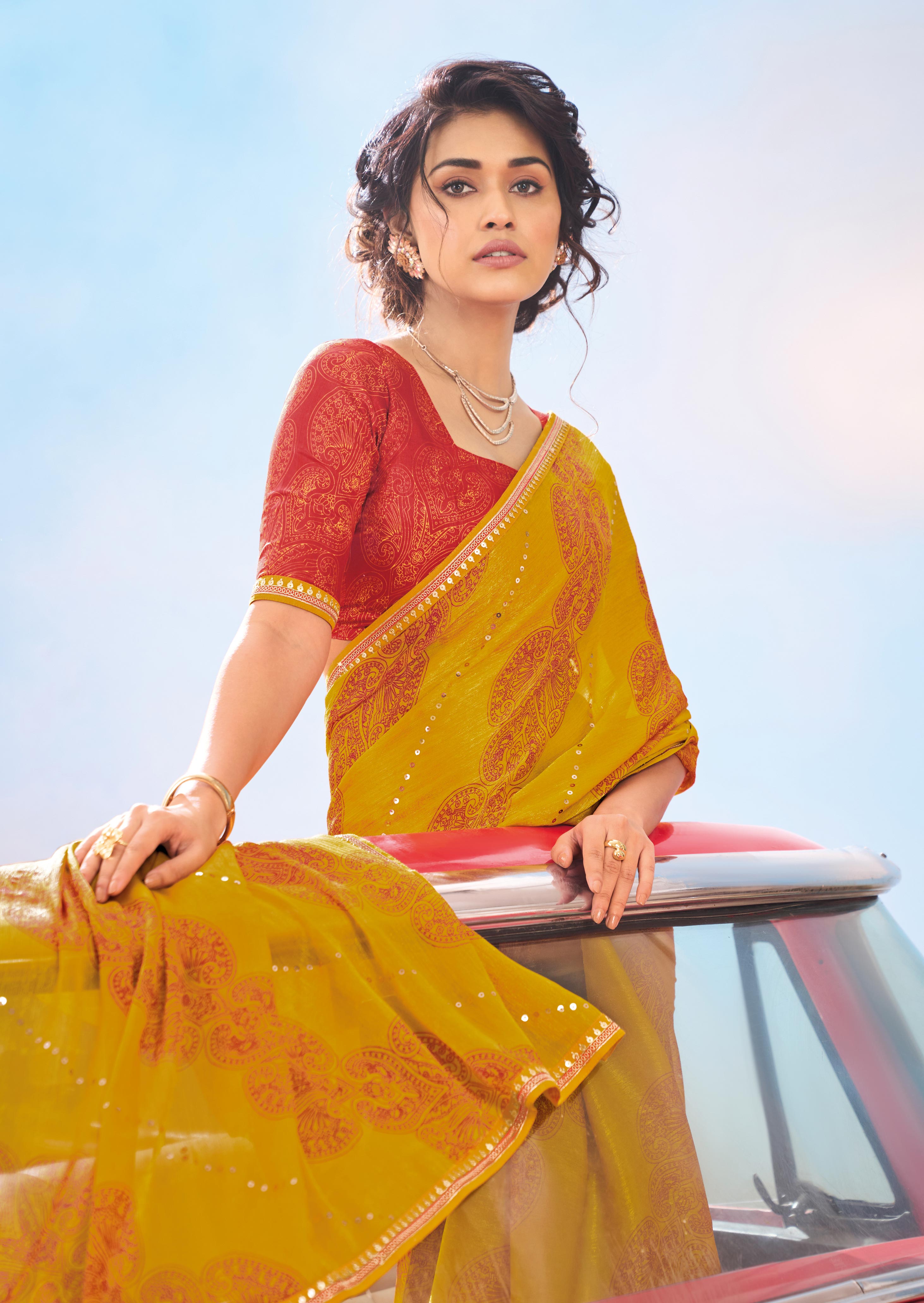 Laxmipati Baarish Ethnic Motif Printed Chiffon Saree in Mustard Color with Unstitched Blouse