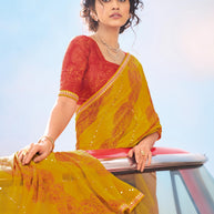 Laxmipati Baarish Ethnic Motif Printed Chiffon Saree in Mustard Color with Unstitched Blouse