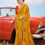 Laxmipati Baarish Ethnic Motif Printed Chiffon Saree in Mustard Color with Unstitched Blouse