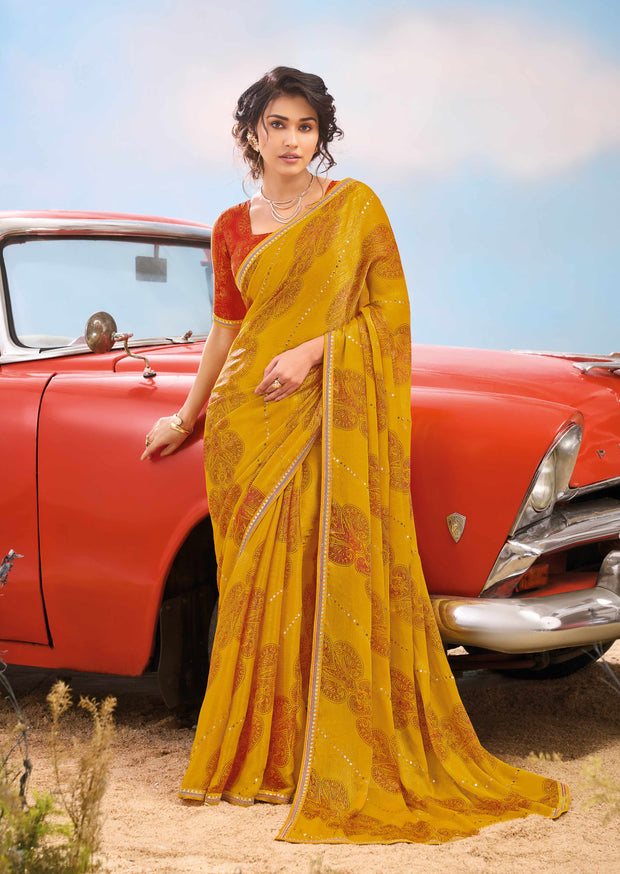 Laxmipati Baarish Ethnic Motif Printed Chiffon Saree in Mustard Color with Unstitched Blouse