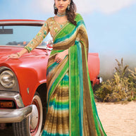 Laxmipati Baarish Striped Printed Georgette Saree in Multicolor with Unstitched Blouse