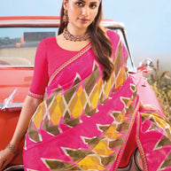 Laxmipati Baarish Geometric Printed Chiffon Saree in Pink Color with Unstitched Blouse