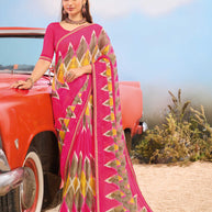 Laxmipati Baarish Geometric Printed Chiffon Saree in Pink Color with Unstitched Blouse