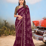 Laxmipati Floral Printed Chiffon Saree in Wine Color with Unstitched Blouse