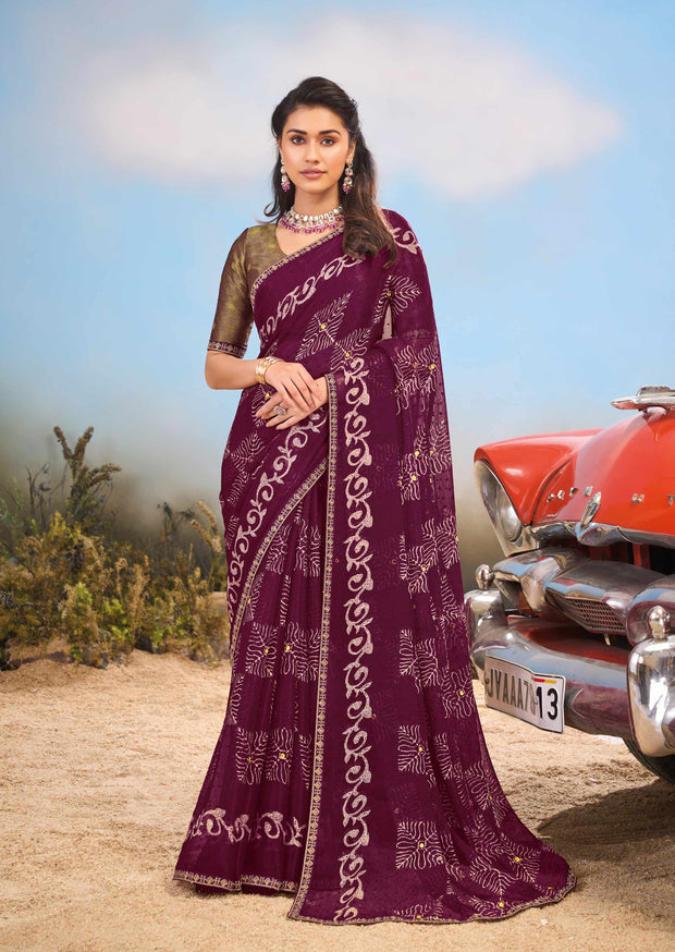 Laxmipati Floral Printed Chiffon Saree in Wine Color with Unstitched Blouse