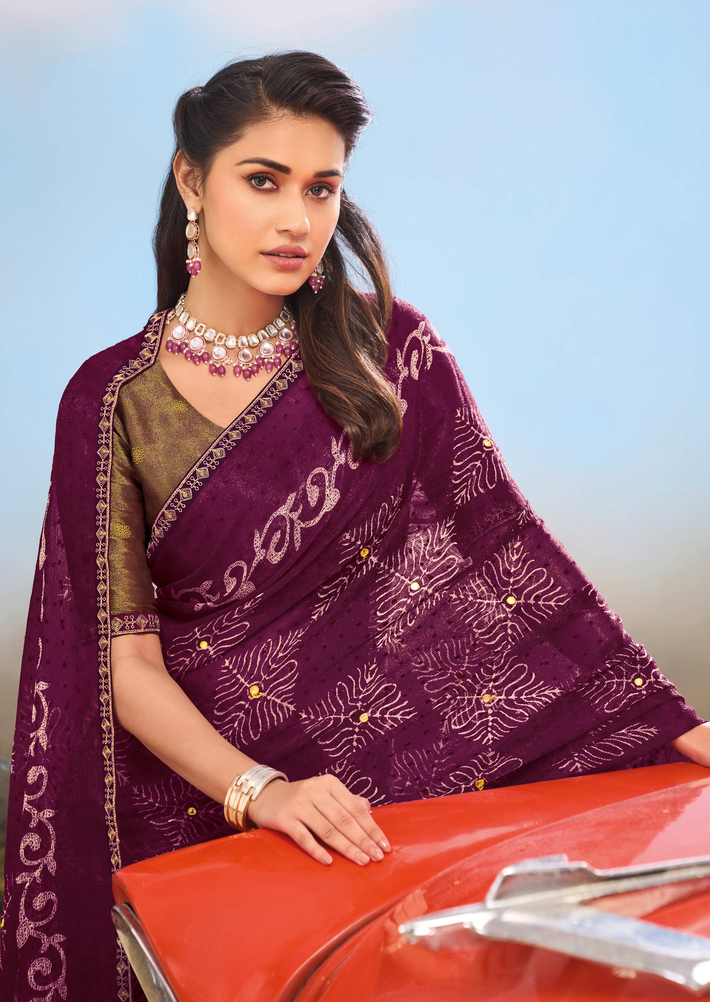 Laxmipati Floral Printed Chiffon Saree in Wine Color with Unstitched Blouse