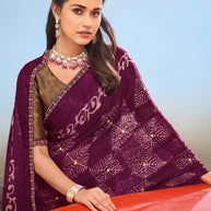 Laxmipati Floral Printed Chiffon Saree in Wine Color with Unstitched Blouse