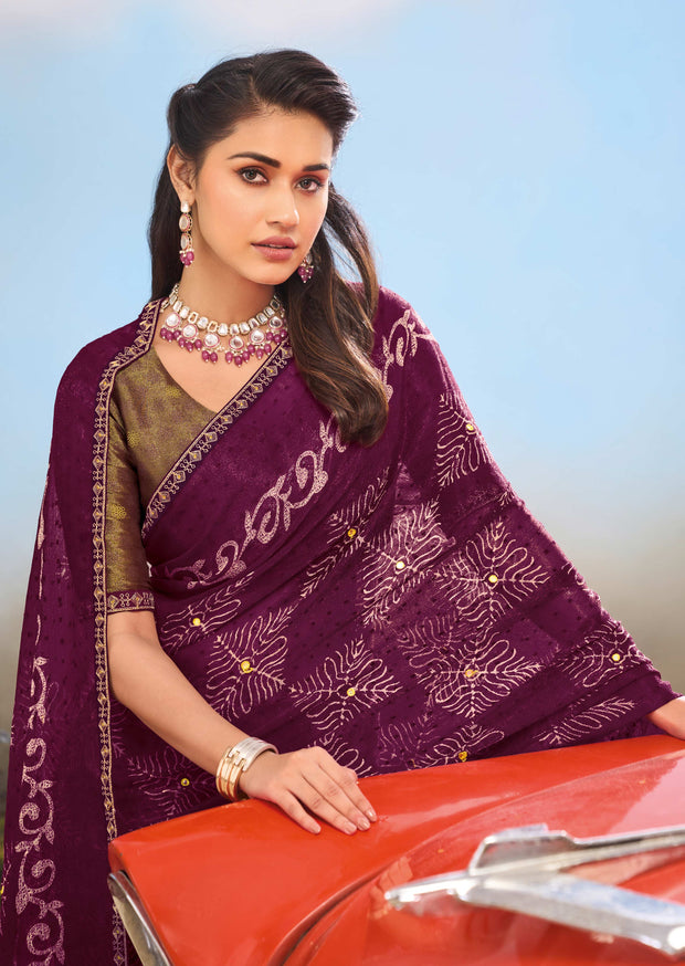 Laxmipati Floral Printed Chiffon Saree in Wine Color with Unstitched Blouse