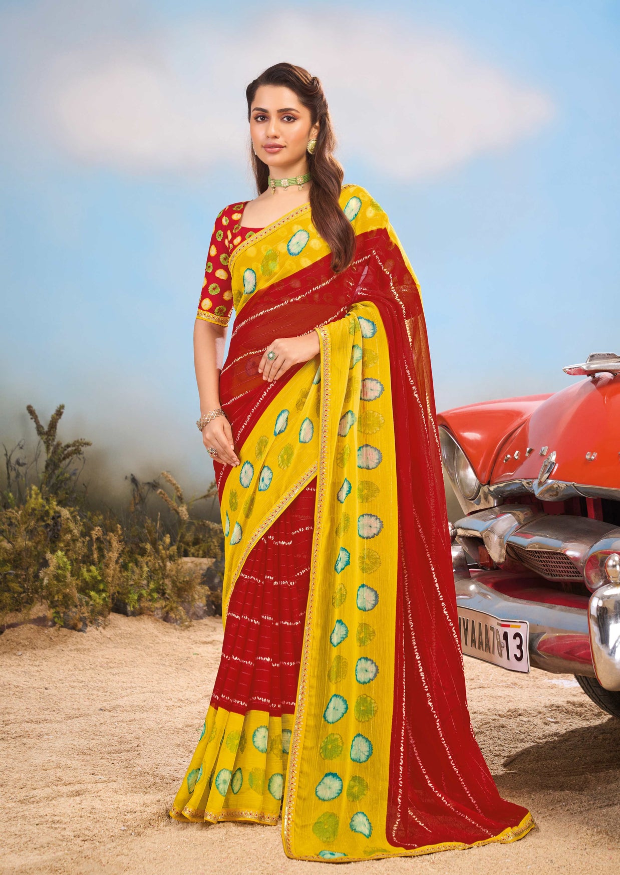 Laxmipati Baarish BandhaniPrinted Georgette Saree in Red Color with Unstitched Blouse