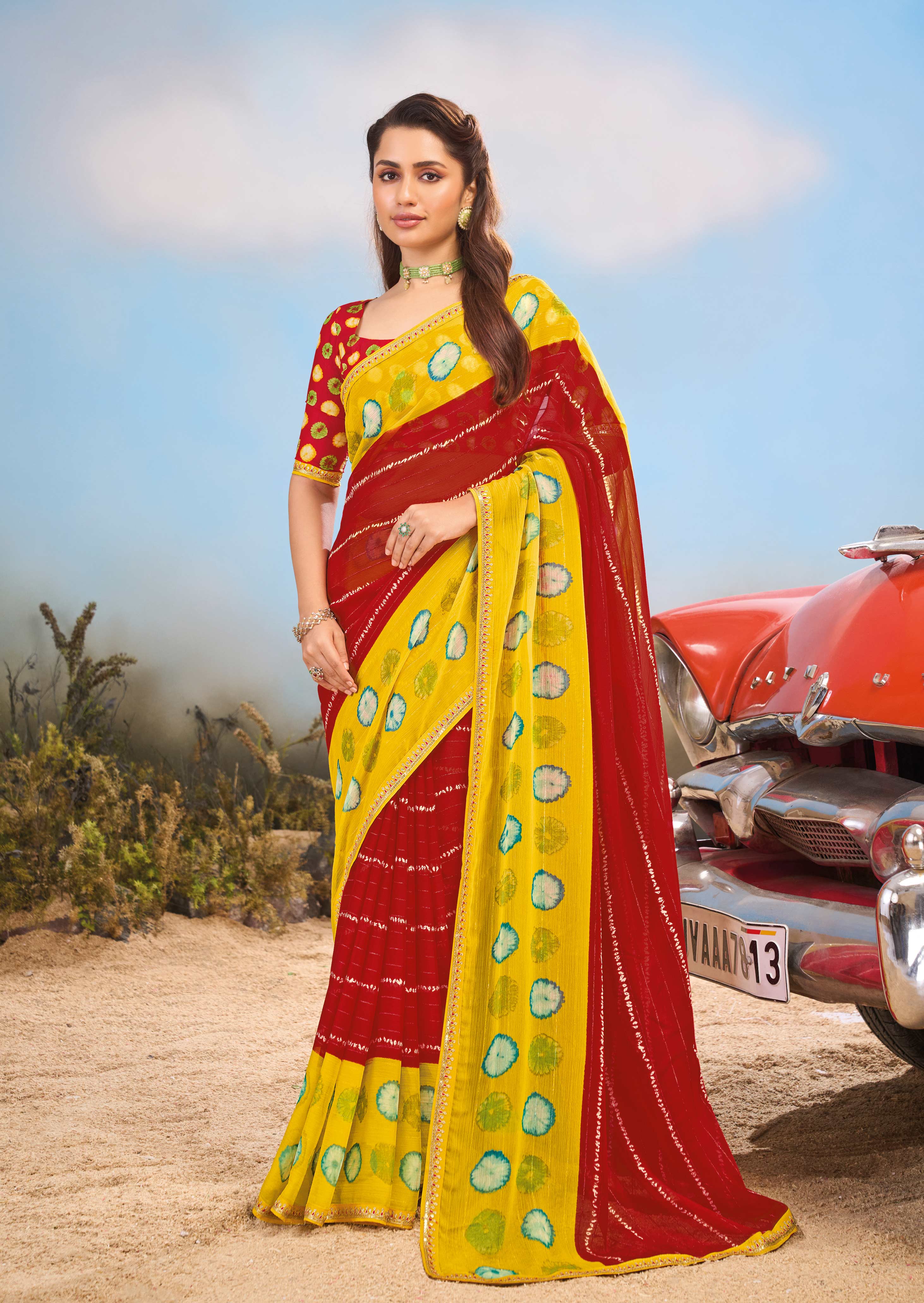 Laxmipati Baarish BandhaniPrinted Georgette Saree in Red Color with Unstitched Blouse
