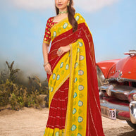 Laxmipati Baarish BandhaniPrinted Georgette Saree in Red Color with Unstitched Blouse